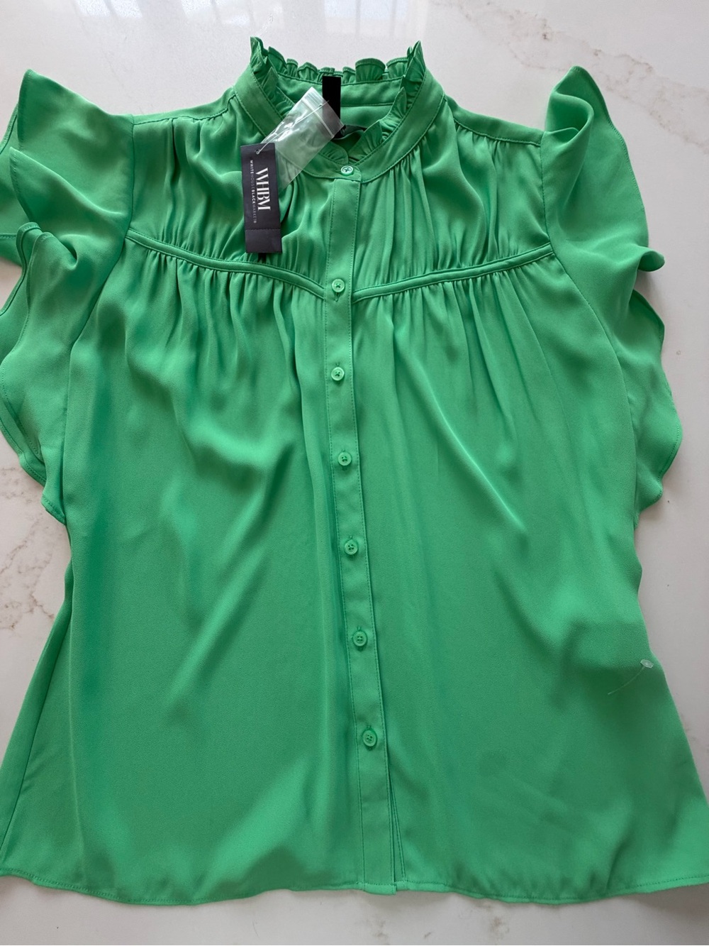 White House Black Market Mint Ruffle Cap-Sleeve Button Front Blouse Green Medium - Picture 8 of 12